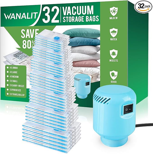Vacuum Storage Bags with Electric Pump, New Air Valve Combo 32 Pack Vacuum Space Saver Bag, Vacuum Sealer Bags for Clothes, Clothing, Pillows, Comforters, Blankets, Quilt, Travel, Two Compressing Ways