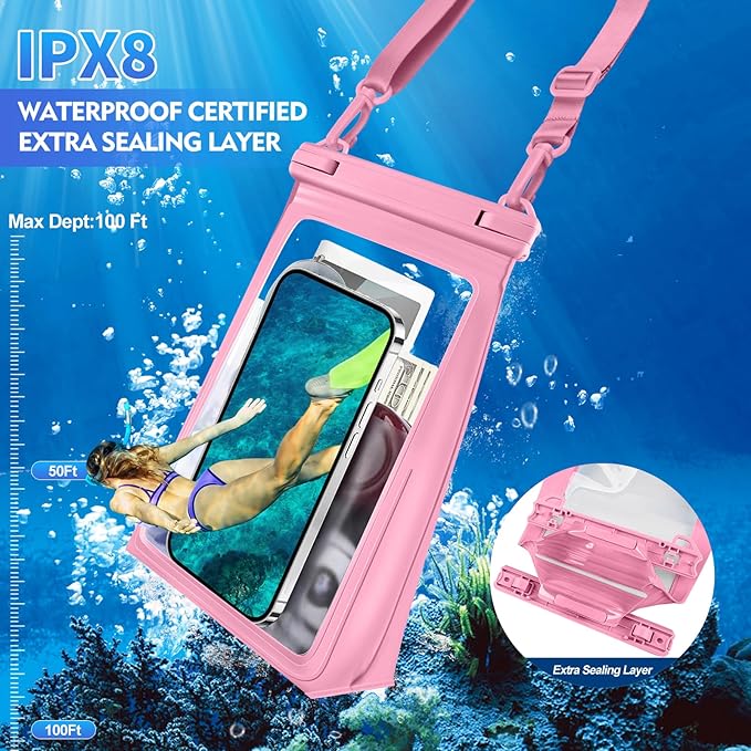 Large Waterproof Phone Pouch Floating, Waterproof Phone Case for iPhone 15 14 Pro Max 13 12 Plus 11 XS XR X Samsung up to 8.5'', IPX8 Water Proof Cell Phone Dry Bag for Beach Swimming Kayaking, Pink