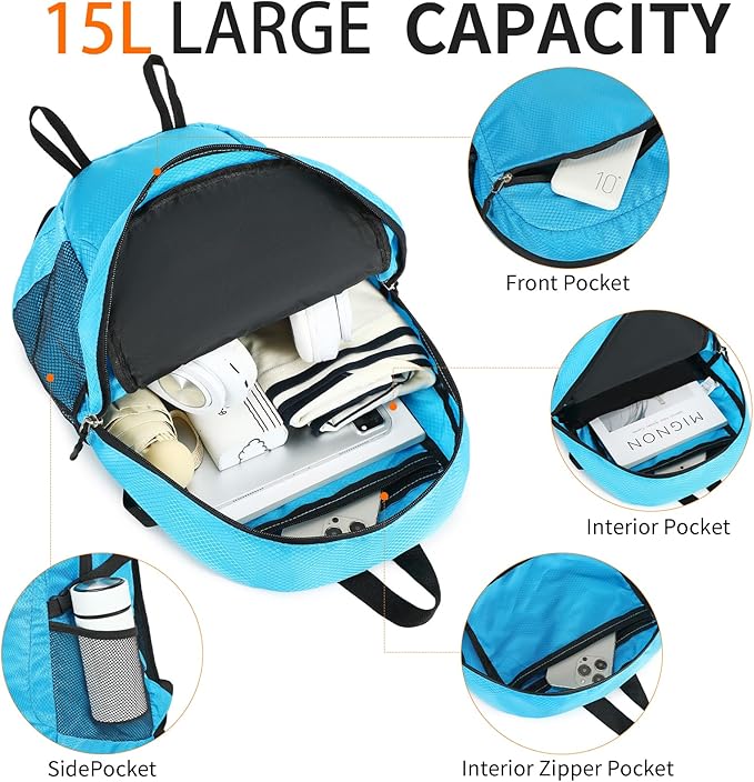 Small Hiking Backpack 15L Travel Lightweight Hiking Packable Daypack Water-Resistant Foldable Backpacks for Women Men Camping (Blue)