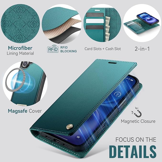 PlusnapX Wallet Case for iPhone 17 Compatible with Magsafe, 2-in-1 PU Leather Flip RFID Blocking Card Holder Stand Shockproof Magnetic Detachable Cover for iPhone 17 Case 6.3", Bluegreen