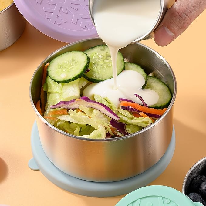 Homotte Stainless Steel Containers with Lids - Stackable Toddler Snack Containers, 18/8 Stainless Steel Lunch Box for Kids Adults, Leakproof Metal Food Storage Containers (4Pack: 3oz, 7oz, 13oz, 22oz)