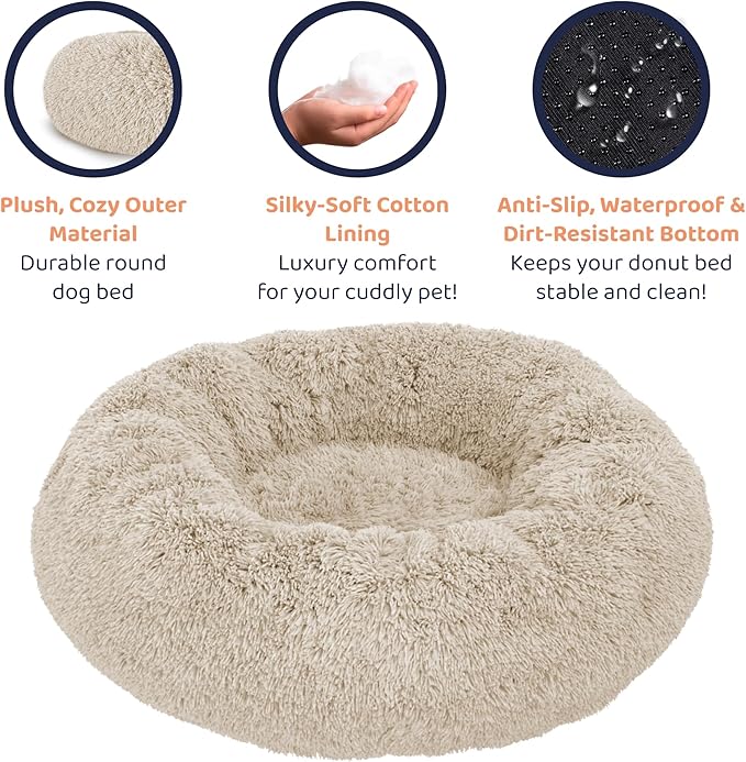 Donut Dog Bed - Premium Comfort for Anxiety Relief - Fluffy & Calming Design with Ultra-Plush Support | Cozy Round Dog Bed with Super Soft Circle Style (Size L Beige)