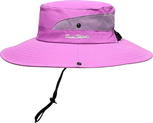 Womens Summer Sun Hat Beach Hat Wide Brim Outdoor UV Protection Hat Foldable Cool Mesh Ponytail Bucket Hat