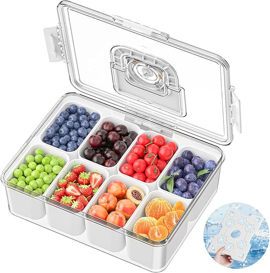 Chilled Snackle Box Container with Ice Pack, Charcoolerie Chilled Portable Serving Tray with Lid and Handle， 8 Compartment Snack Container for Charcuterie Snack Road Trip Picnic Keep Fresh