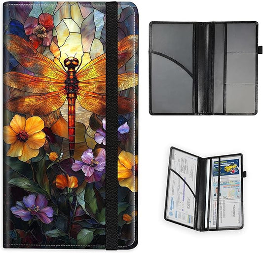 Car Registration and Insurance Holder PU Leather Vehicle Insurance and Registration Holders Wallet Case with Elastic Band Closure for ID Card, Driving Licence, Dragonfly Stained Glass