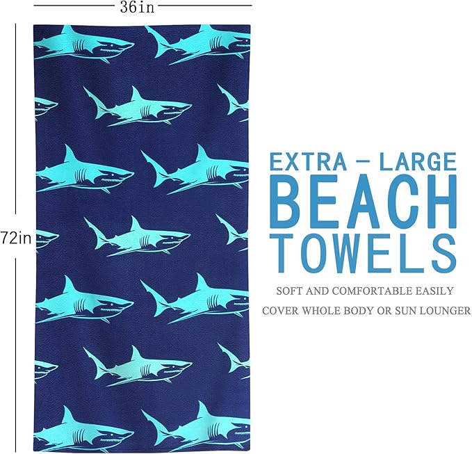2 Packs Oversized Beach Towel Set Extra Large Big XL Pool Camping Swim Clearance Towels 36x72 Soft Blanket Cruise Essentials Accessories Must Haves Vacation Necessities Adult Shark Turtle Blue