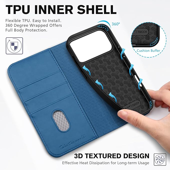 TUCCH Wallet Case for iPhone 17 Pro Max (6.9-Inch) 2025, 3 Credit Card Slot | RFID Blocking | Stand | PU Leather | Shockproof TPU Interior Shell | Protective Flip Folio Cover | Lake Blue