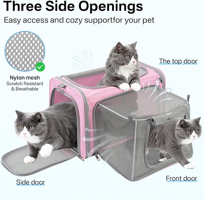 Cat Carrier Soft for Travel & Vet Visits, Expandable Soft Pet Carrier for Cats Up to 15 lbs, Breathable & Cozy Cat Bag Carrier, Airline Approved Portable Pet Travel Carrier, Pink