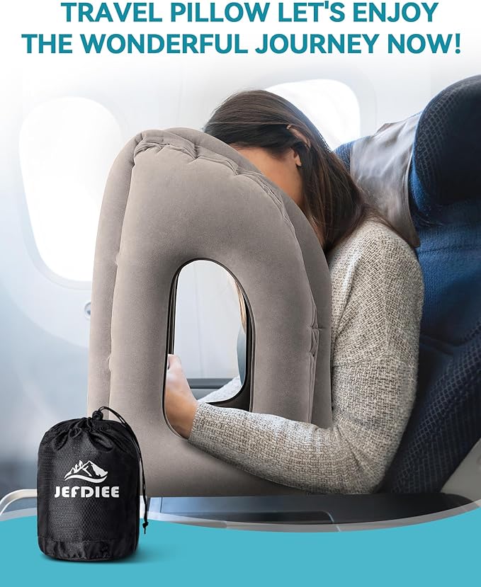 JefDiee Inflatable Travel Pillow, Airplane Neck Pillow Comfortably Supports Head and Chin for Airplanes, Trains, Cars Office Napping on The Tray Table (Grey)