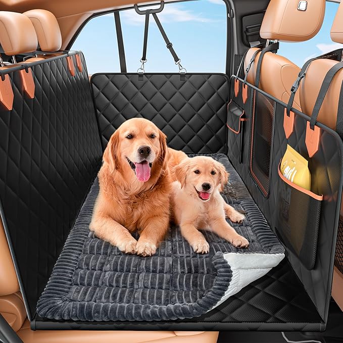Hard Bottom Car Seat Cover for Dog swith Removable Soft Blankets,Scratch-Proof and Anti-Slip Car Dog Hammock for Large Dogs Brown for Car, SUV