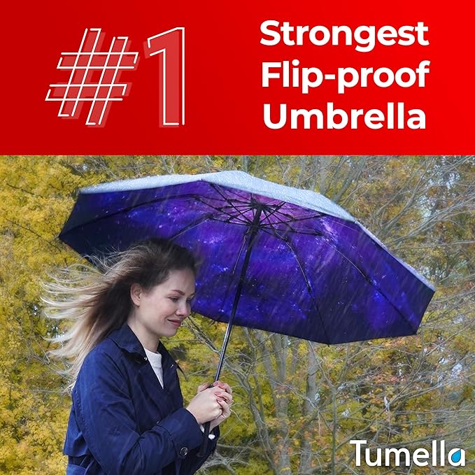 TUMELLA Flip-proof Inverted Travel Umbrella, Small Strong but Light Portable and Automatic Reverse Folding Rain Umbrella, Durable Premium Grip, Fits Car & Backpack
