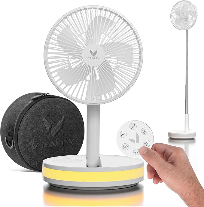 VENTY Portable Fan - Wireless Battery Operated Fan - 4 Speeds - LED Lighting - Carry Case & Remote Control - Cruise Travel - Outdoor Travel RV Power Bank With USB-C Port (White with Case)