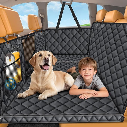 URPOWER Backseat Extender for Dogs - Hard Bottom Dog Car Seat Cover for Back Seat, Foldable Dog Hammock for Car, SUV, and Truck, Pet Rear Seat Protector Dogs Travel Bed with Mesh Window & Side Flaps
