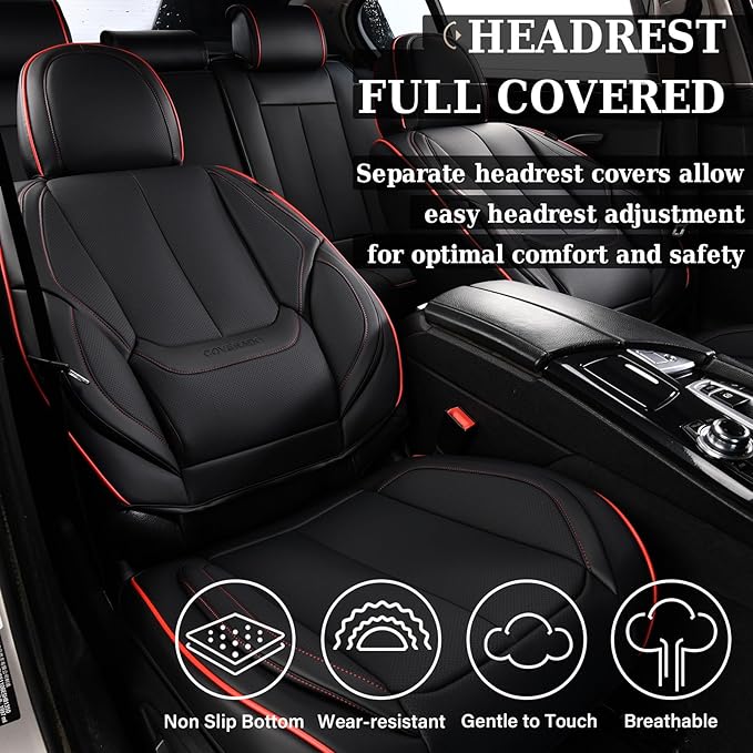 Coverado Car Seat Covers Full Set, Seat Covers for Cars, Black Car Seat Protector Waterproof, Nappa Leather Car Seat Cushion, Car Seat Covers Front Seats and Back Fit for Most Cars