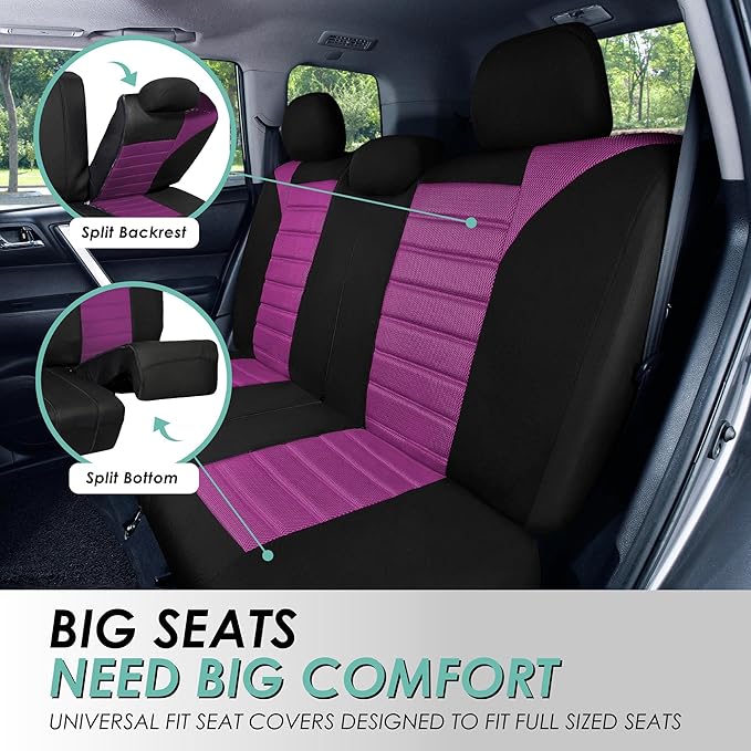 FH Group Automotive Car Seat Covers Rear Set Premium 3D Air Mesh Seat Covers, Airbag Compatible and Split Bench Cover Universal Fit Interior Accessories for Cars Trucks and SUVs - Purple