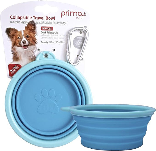 Prima Pet Expandable/ Collapsible Silicone Food & Water Travel Bowl with Clip for Small & Medium Dog and Cat, Size: 1.5 Cups (5.1 Inch Diameter Bowl) (AQUA)