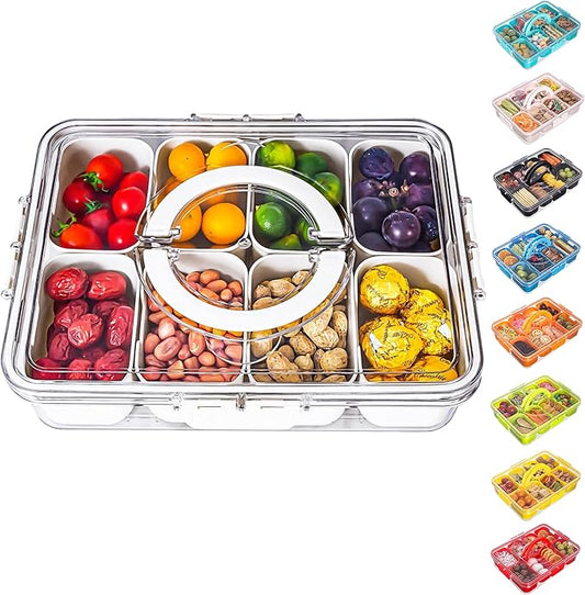 Divided Serving Tray with Lid and Handle - Snackle Box Charcuterie Container for Portable Snack Platters - Clear Organizer for Candy, Fruits, Nuts, Snacks - Perfect for Party, Entertaining