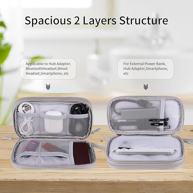 JIAKAI Travel Cable Organizer - Electronics Accessories Bag, Universal Electronic Organizer for Cables, Chargers, Phones (Double Layer - Grey)