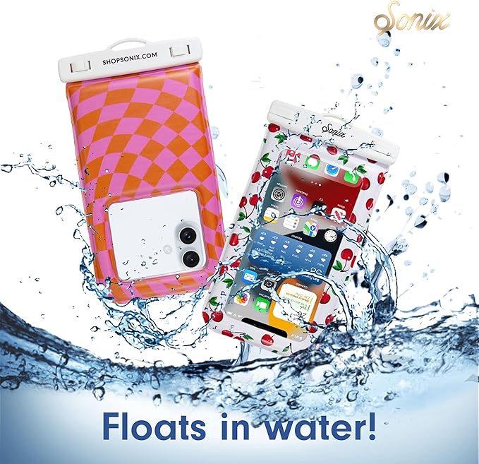 Sonix Waterproof Phone Pouch - Floating Phone Case Dry Bag w/Crossbody Lanyard - Beach Cruise Travel Essentials - Compatible w/All Devices, Touchscreen Friendly | Checkmate Pink/Orange