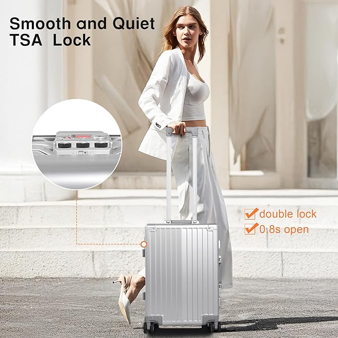 All Aluminum 24 Inch Check In Luggage Hard Shell Suitcases with Spinner Wheels and TSA Lock, Checked Medium Suitcase (Sliver)