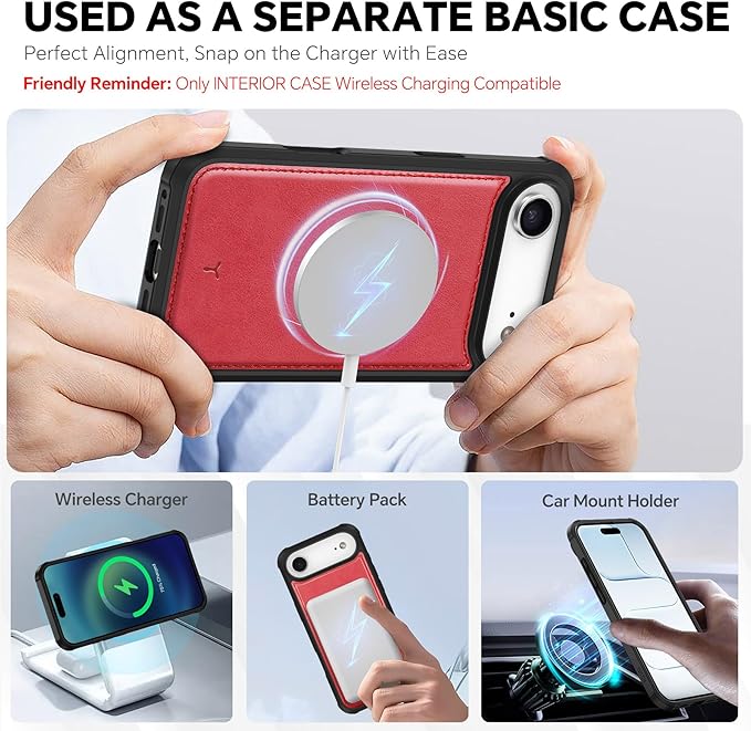 TUCCH 2-in-1 Removable Case Wallet for iPhone Air (6.5") 2025, Detachable Wrist Strap, 4 Card Holders RFID Blocking, Wireless Charging, Stand, Magnetic, PU Leather, Shockproof Folio Cover, Red