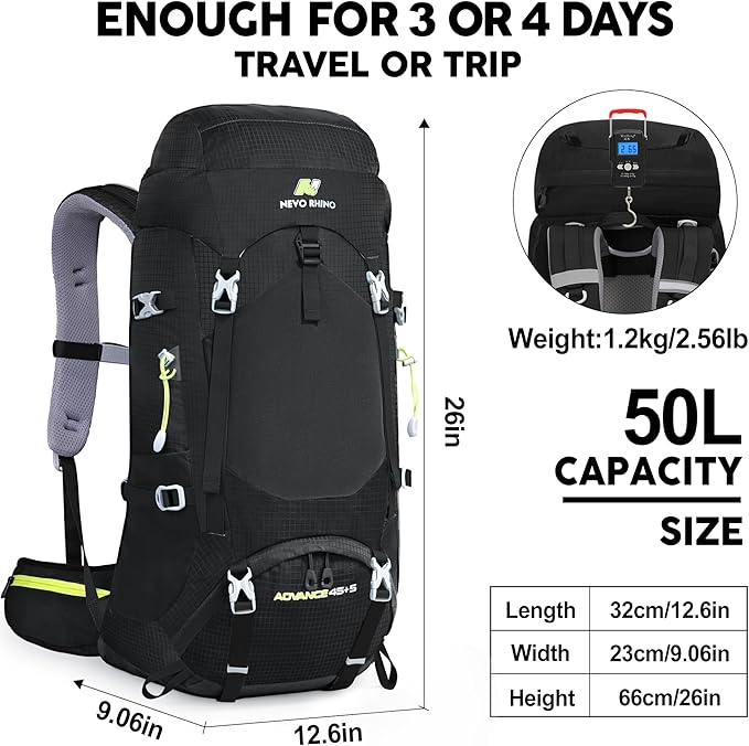 N NEVO RHINO Internal Frame Hiking Backpack 50/60/65/70/80L, Mountain Climbing Camping Backpack Daypack Waterproof Rain Cover | Mountain Climbing, Camping Backpack, Daypack, Waterproof, Rain Cover