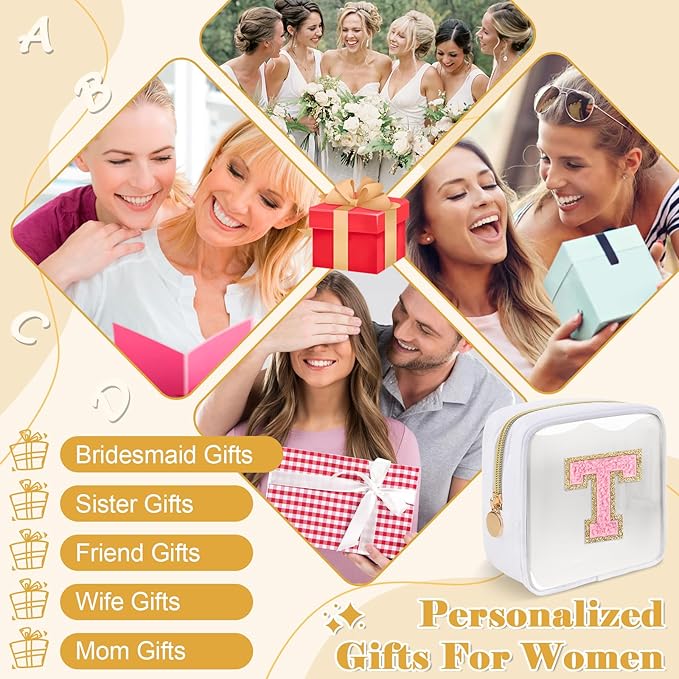 Personalized Initial Letter Clear Preppy Makeup Bag,Mini Nylon Chenille Letter Cosmetic Bag Cute Zipper Pouch Purse for Teen Girls,Portable TSA Approved Beach Travel Essentials Bag Gift for Women,T