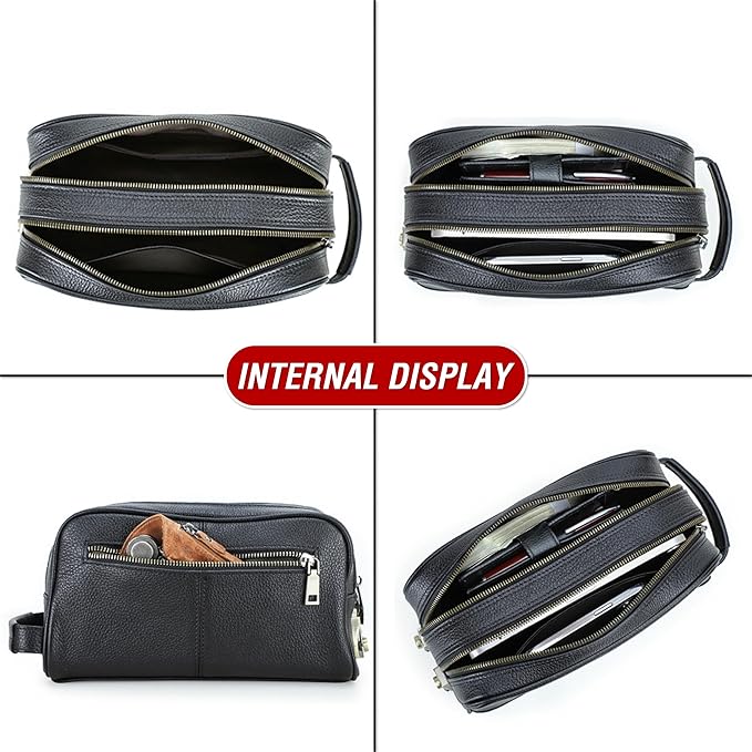 Top Grain Genuine Leather Travel Organizer Clutch Bag, Handmade Retro Vintage Design, 3 Zipper Pockets & Combination Locks, Portable Storage Bag for Phone/Cable/Charger/Notebook/Cash/Cosmetic, Black