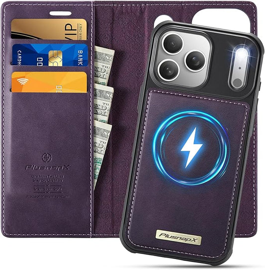 PlusnapX Wallet Case for iPhone 17 Pro Compatible with Magsafe, 2-in-1 PU Leather Flip RFID Blocking Card Holder Stand Shockproof Magnetic Detachable Cover for iPhone 17 Pro Case 6.3", Retro Purple