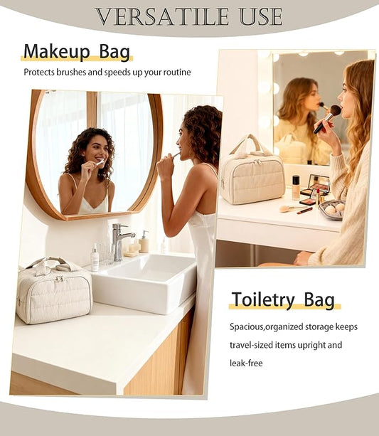 Travel Toiletry Bag for Women, Large Wide-open Puffy Cosmetic Makeup Bag with Wet-Dry Separation, Multi-Pocket Organizer with Carry Handle for Toiletries, Cosmetics, Essentials, Beige