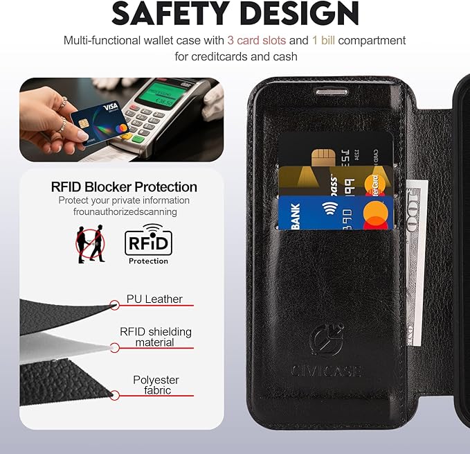 CIVICASE for iPhone 16 Pro Max Wallet Case with Stand,PU Leather Flip Credit Card Holder Slots (RFID Blocking),Compatible with Magsafe Magnetic Holder Phone Cover Women Men,Black
