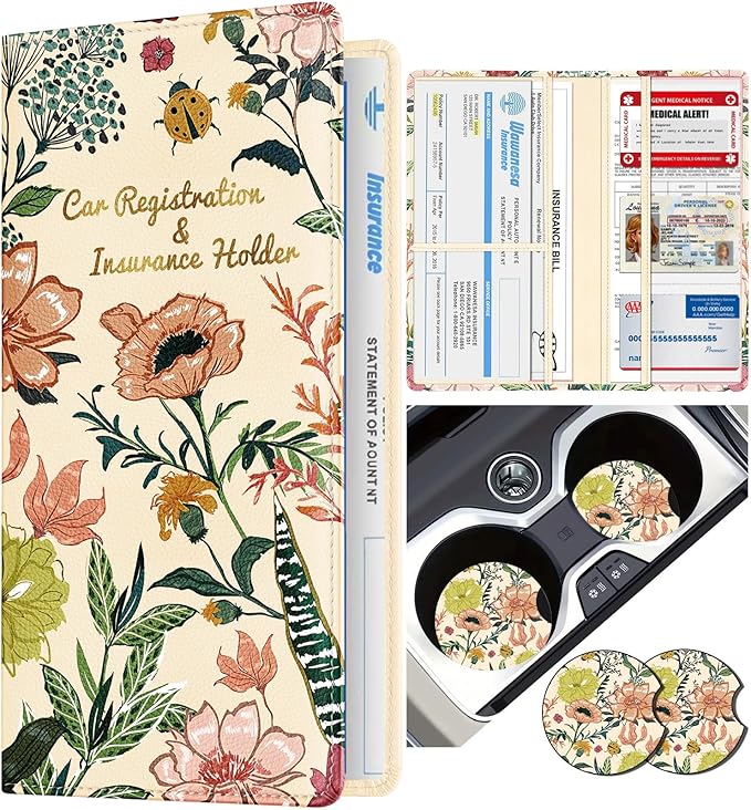 Slohif Car Registration and Insurance Card Holder with Magnetic Shut - Vehicle Glove Box Organizer Women Leather Automobile License Holders Coasters Auto Case for Document Flower Floral