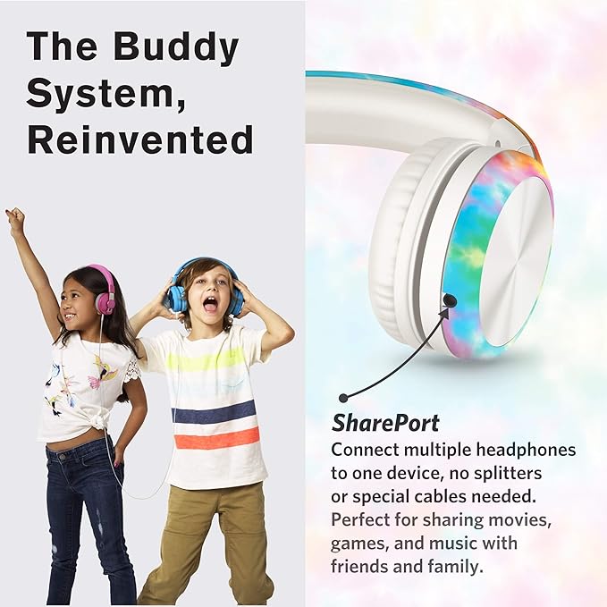 LilGadgets Connect+ Pro Wired Kids Headphones for School with Microphone, Volume Limiting Over-Ear Headset with Cord, SharePort Technology & SoftTouch Padding, Tie Dye Rainbow