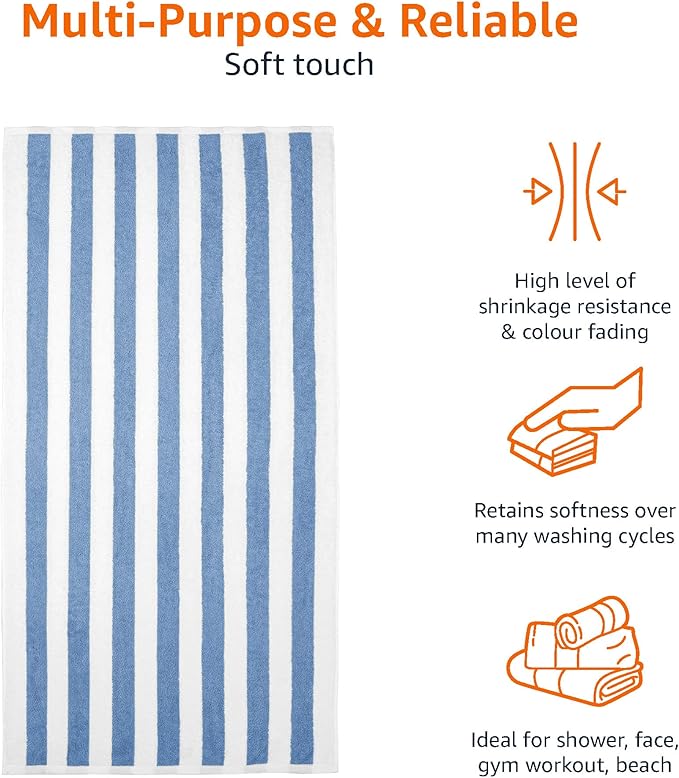 Amazon Basics Sky Blue Cabana Stripe Pool & Beach Towel, 100% Cotton, Soft & Absorbent, Machine Washable, Quick Dry, Large, 2 Pack, Sky Blue, 30" x 60"