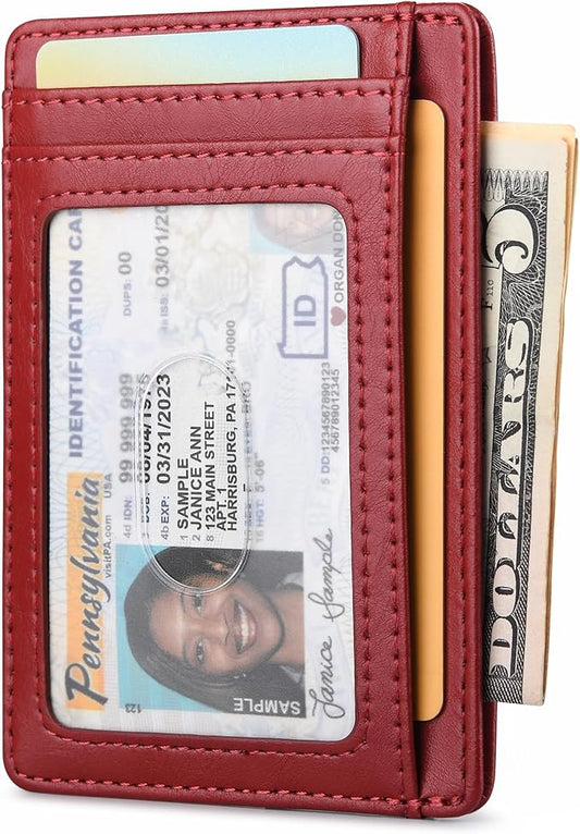 Buffway Slim Minimalist Front Pocket RFID Blocking Leather Wallets for Men and Women - Alaska Cherry