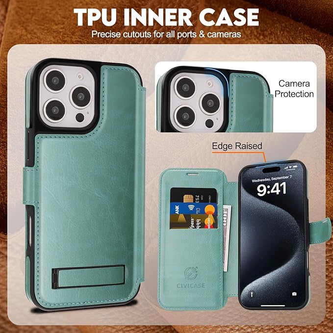 CIVICASE for iPhone 16 Pro Max Wallet Case with Stand,PU Leather Flip Credit Card Holder Slots (RFID Blocking),Compatible with Magsafe Magnetic Holder Phone Cover Women Men,Green