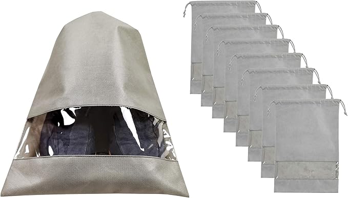 8 PCS 11.8"x17.3" Non-Woven Dustproof Drawstring Bag Travel Shoe Bags Dust Cover Pouch Bag Storage with Visual Window for Handbags Purses Shoes (GREY)