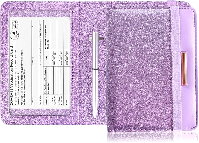 Caweet Passport Holder and Vaccine Card Holder Combo RFID Blocking Leather Vaccination Card Wallet with Elastic Band Closure, Glitter Purple