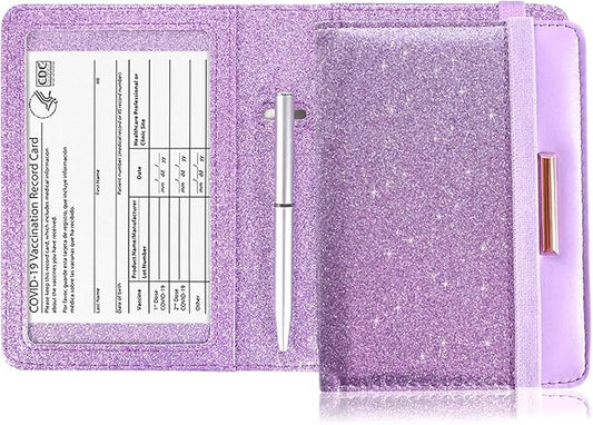Caweet Passport Holder and Vaccine Card Holder Combo RFID Blocking Leather Vaccination Card Wallet with Elastic Band Closure, Glitter Purple