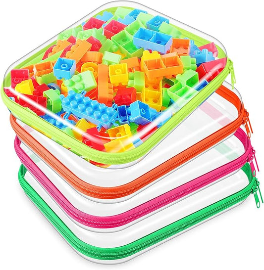 Hoolerry 4 Pcs Hard Clear Zipper Case Makeup Bags Plastic Pencil Pouch Transparent Storage Box Containers for Cosmetics, Snacks, Building Blocks, Puzzles(Fluorescent,9.8 x 7.9 x 2 in)