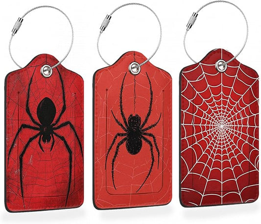 Red Web Spider 3 PCS Luggage Tags, Black Hanging Spider Leather Suitcase Tags with Privacy Cover Name Address Labels and Durable Steel Loop for Men/Women Travel Bag Suitcases