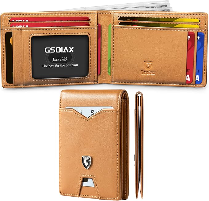 GSOIAX Mens Slim Wallet for Men Minimalist Genuine Leather Carbon Fiber Rfid Blocking Bifold Credit Card Holder With Gift Box (Brown)