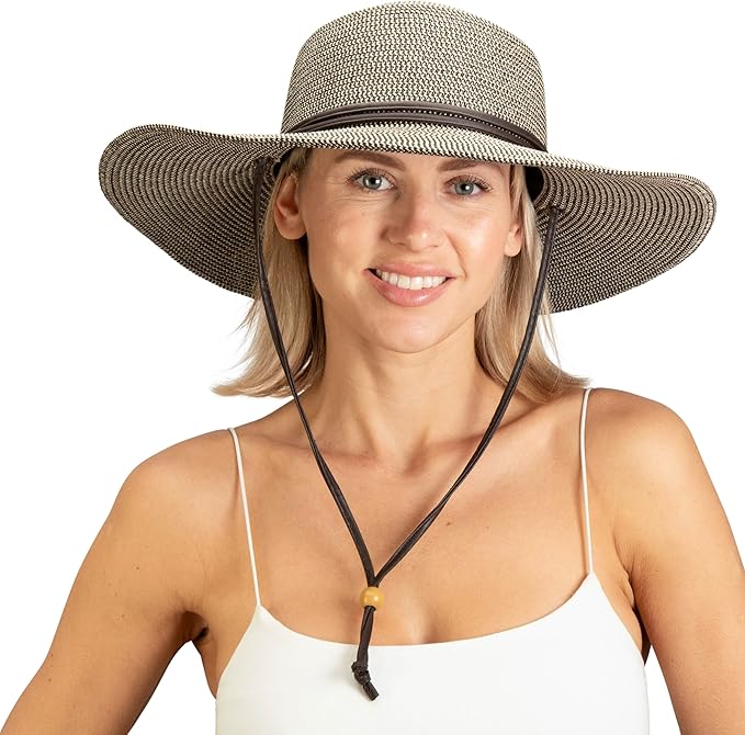 Sloggers Women's Wide Brim Braided Sun Hat with Wind Lanyard - UPF 50+ Maximum Sun Protection