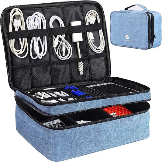 Travel Electronics Organizer, Waterproof Cable Organizer Bag for Electronic Accessories Double Layer Large Shockproof Cable Storage Bag for Cord, Power Bank, Tablet(Up to iPad 11 inch) - Denim blue
