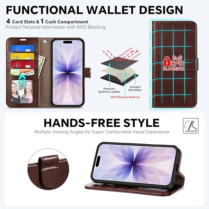 TUCCH 2-in-1 Detachable Wallet Case for iPhone 17 (6.3-inch) 2025, Wireless Charging | RFID Blocking 4 Card Holders | Wrist Strap | Kickstand | Magnetic | PU Leather Folio Cover | Chocolate Brown