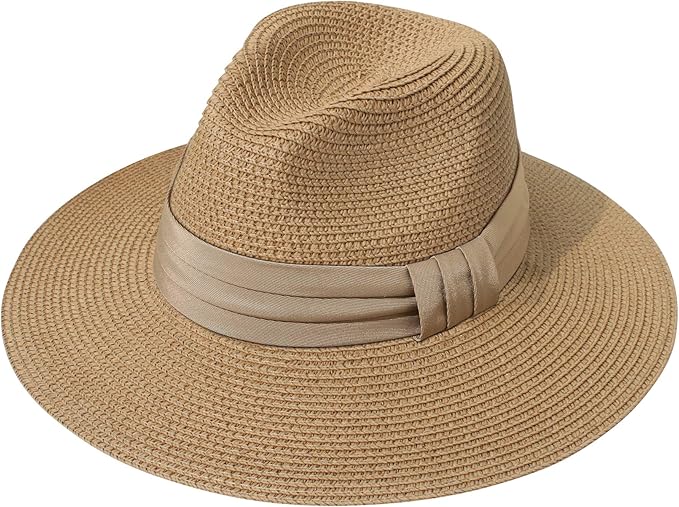 Lanzom Women Wide Brim Straw Panama Roll up Hat Fedora Beach Sun Hat UPF50+