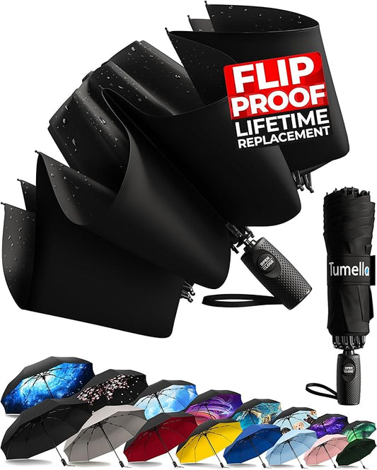 TUMELLA Flip-proof Inverted Travel Umbrella, Small Strong but Light Portable and Automatic Reverse Folding Rain Umbrella, Durable Premium Grip, Fits Car & Backpack