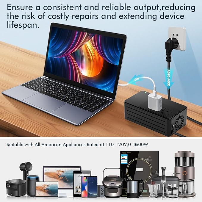 1600W Universal Travel Converter Step-Down 220V to 110V, Pure Sine Wave, for All American Appliances, Lightweight 2lbs