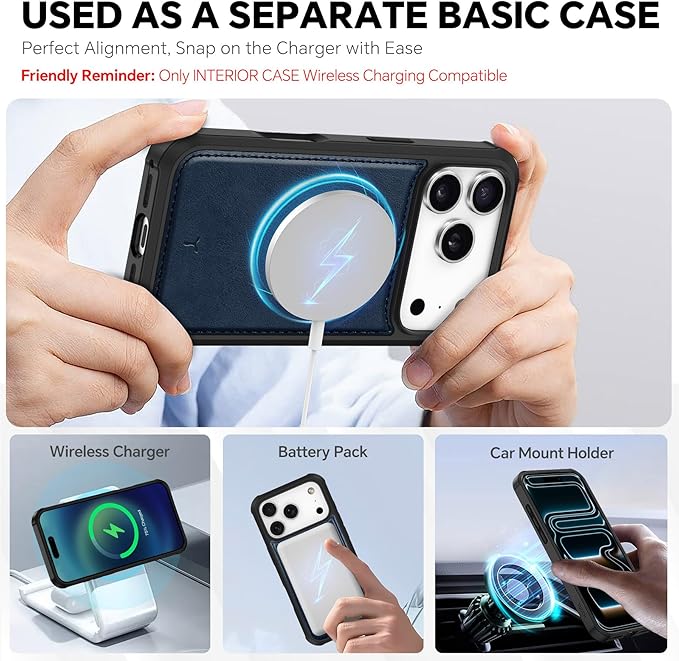 TUCCH 2-in-1 Detachable Wallet Case for iPhone 17 Pro (6.3-inch) 2025, RFID Blocking | 4 Card Holders | Wireless Charging | Wrist Strap | Kickstand | Magnetic | PU Leather Protective Cover | Dark Blue