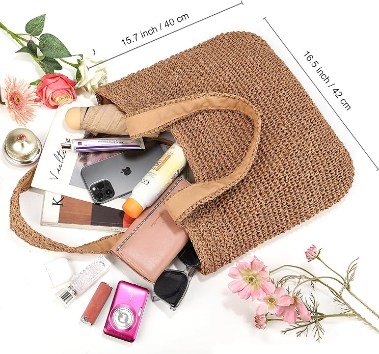 Straw Beach Bags for Women Woven Beach Tote Bag Casual Boho Large Shoulder Handbags Purse for Vacation Holiday